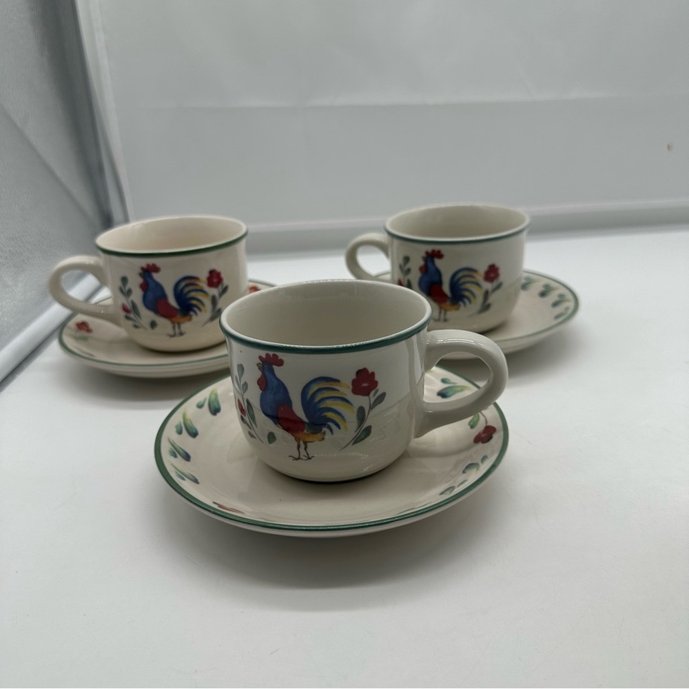 3 Vintage International Tableworks Provence Rooster Stoneware Flat Cups Saucers